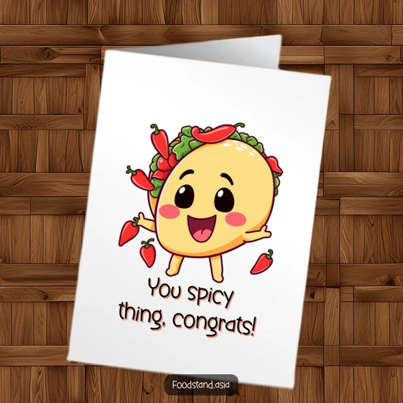 Funny Free Printable Congratulations Card with a playful taco character grinning while juggling miniature chili peppers.