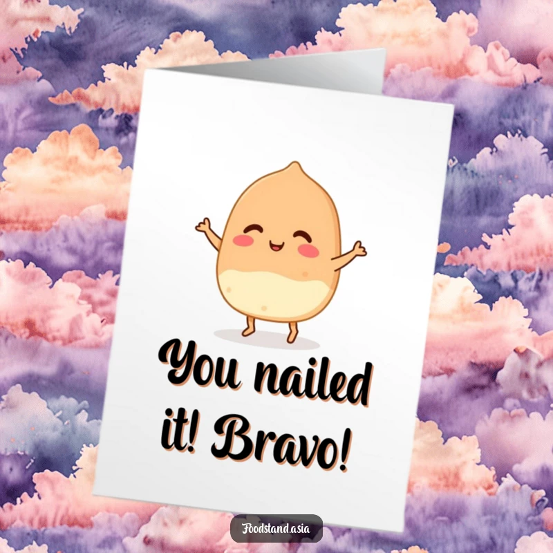 Funny Free Printable Congrats Card showing a happy takoyaki doing a tiny dance, celebrating success with humor.