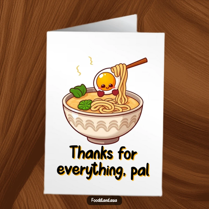 Funny free printable thank you card with a happy ramen bowl and its noodles playfully wagging, offering an egg.