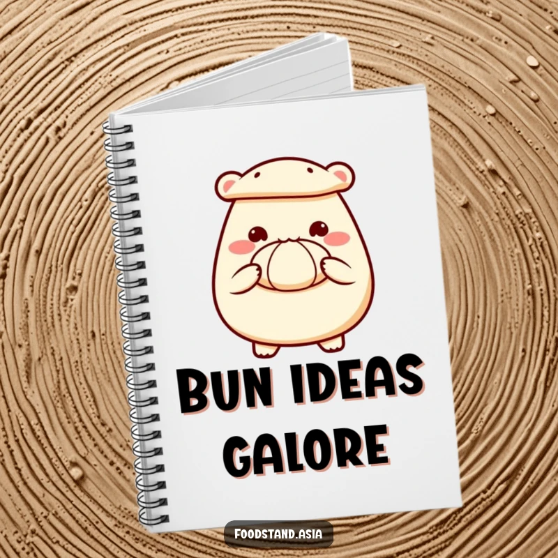 Funny notebook cover art of a happy bao bun character, tiny hands offering a steamed bun.