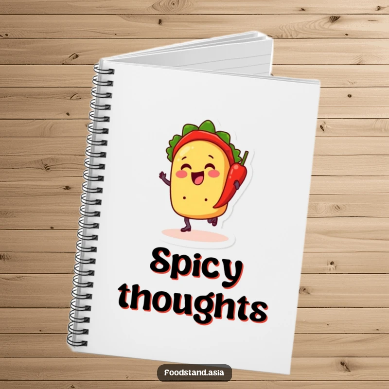 Funny notebook featuring a cheerful taco with little feet dancing with a chili pepper, ideal for jotting notes with a humorous fiesta theme.