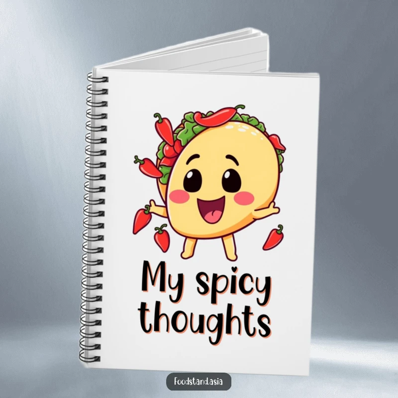 Funny notebook with a grinning taco character juggling small chili peppers, perfect for creative writing and humorous note-taking.