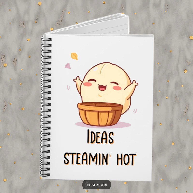 Funny notebook with a giggling dumpling character playfully tossing a dim sum basket, perfect for creative writing and humorous note-taking.