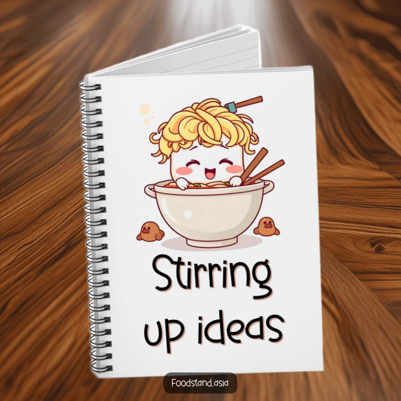 Funny ramen notebook cover art depicting a joyful bowl with noodle hair, stirring a giant fictional pot.