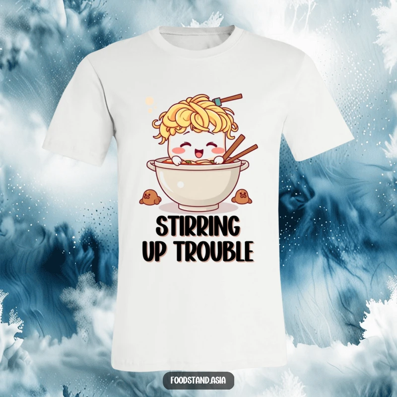 Funny t-shirt showing a giggling ramen bowl with spaghetti hair joyfully stirring a huge pot of broth.