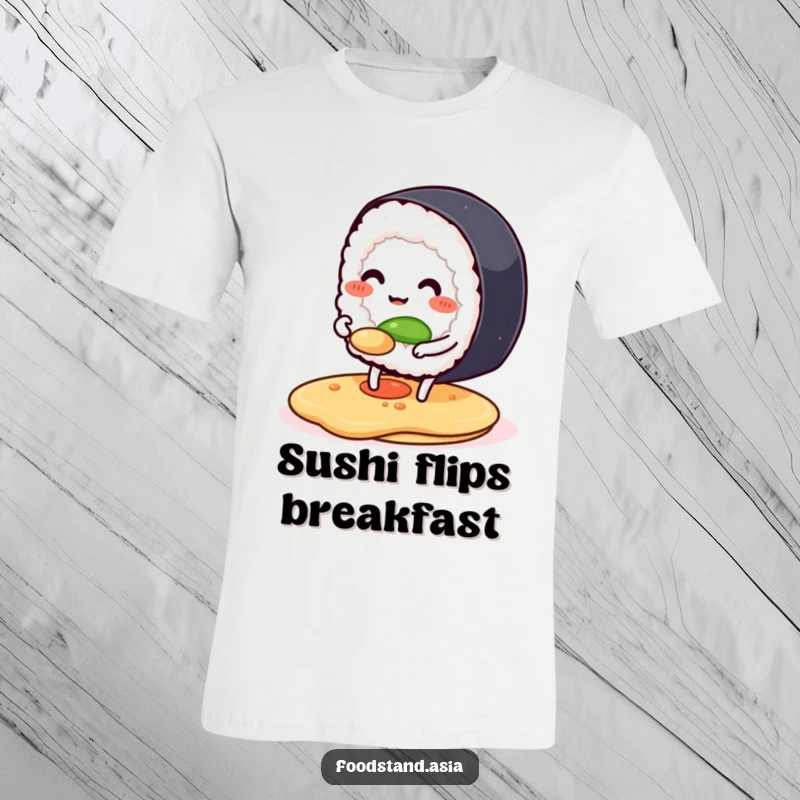 Funny t-shirt with a smiling anthropomorphic sushi roll happily flipping a pancake, showcasing a humorous breakfast theme.